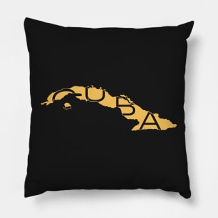 Golden Cuba Image on Black Background with "CUBA" Spelled Out Pillow