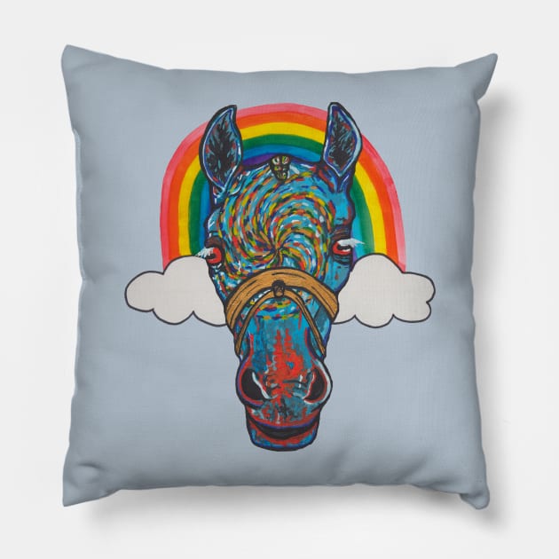 Horse portrait with rainbow and clouds Pillow by deadblackpony