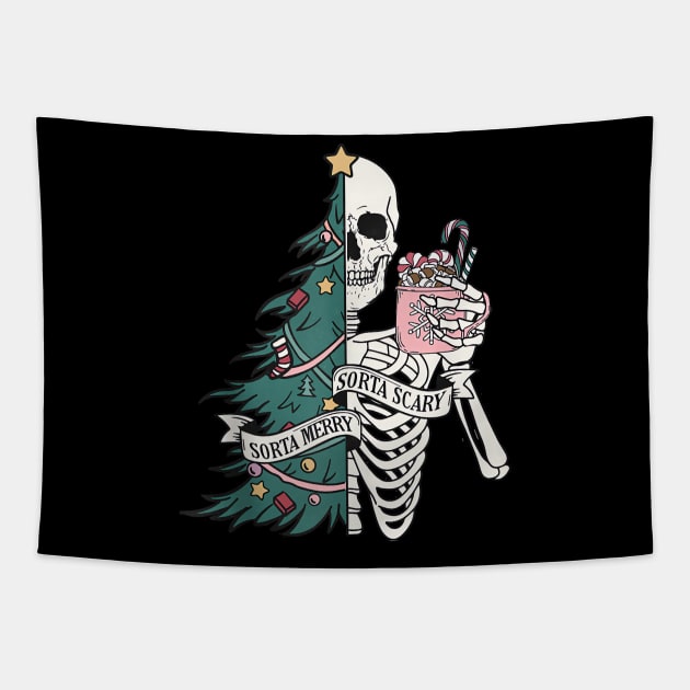 Sorta Scary - Sorta Merry Christmas Skeleton - Christmas Tree Tapestry by Origami Fashion