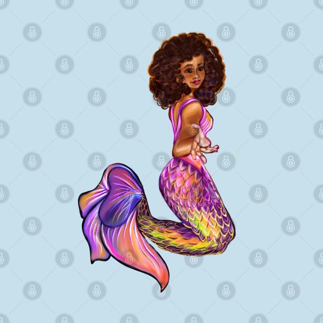 Mermaid  with rainbow coloured colored fins, outstretched  arm, brown eyes, Curly hair  and caramel brown skin - light background by Artonmytee