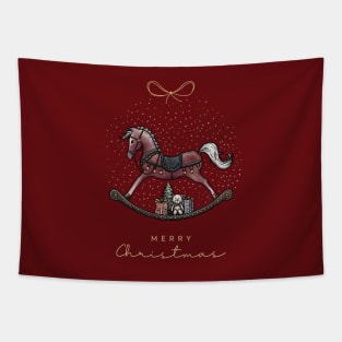 Merry Christmas lettering with Rocking Horse illustration, cute bear, gifts and Christmas tree on a blue snow background. Tapestry