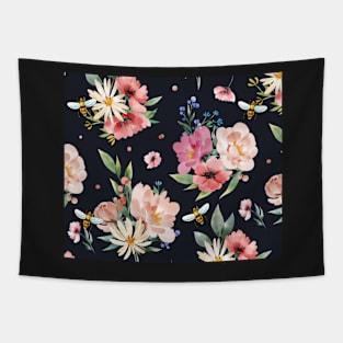 Field of Bees Black and Pink Flowers Tapestry