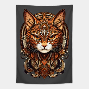 Serious Brown Cat retro vintage tribal art fusion design Tapestry