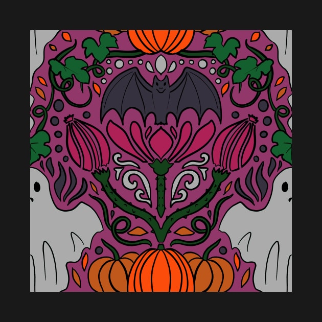 Spooky Ghosts Cute Halloween Damask Print with Ghosts and Bats and Pumpkins Pink by JamieWetzel