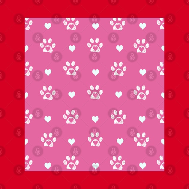 White doodle paw prints with pink hearts and pink background by GULSENGUNEL