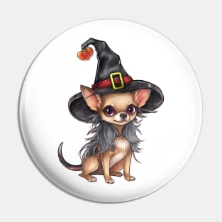 Watercolor Chihuahua Dog in Witch Hat Pin