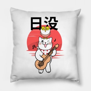 Cat and Owl on Sunset Pillow