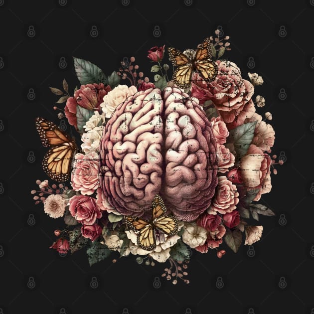 Brain with flowers, psychology, mental health, front brain, vintage grunge distressed effect by Collagedream