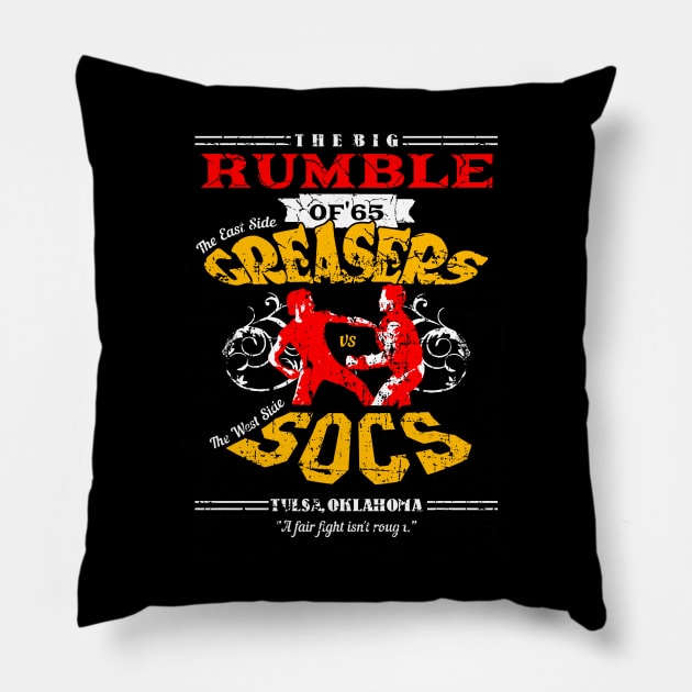 Greasers vs. Socs distressed Pillow by hauntedjack