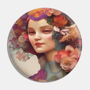 Floral art of painting of girl with cat flowers and roses Pin