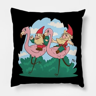 Garden Gnomes Racing Flamingos Pillow