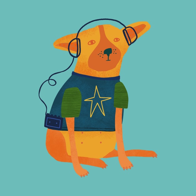 Gen X Cattle Dog listening to his walkman. by Kathy Osborne Studio