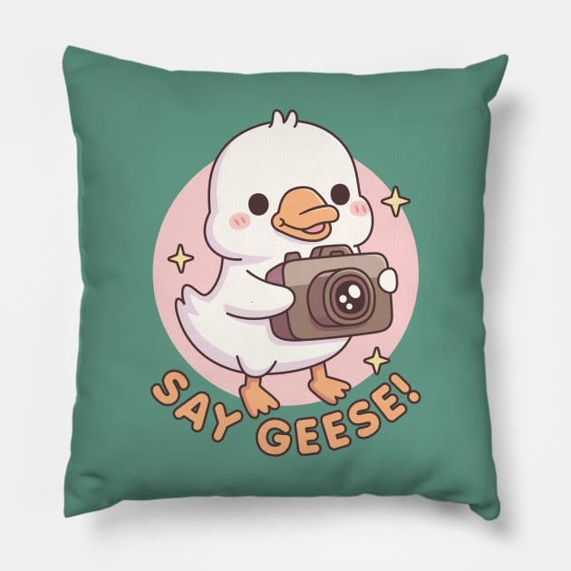 Cute Baby Goose With Camera Say Geese Funny Pun Pillow by rustydoodle