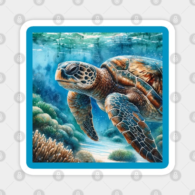 Ocean Wanderer: Majestic Loggerhead Sea Turtle Watercolor Magnet by Aquarelle Impressions