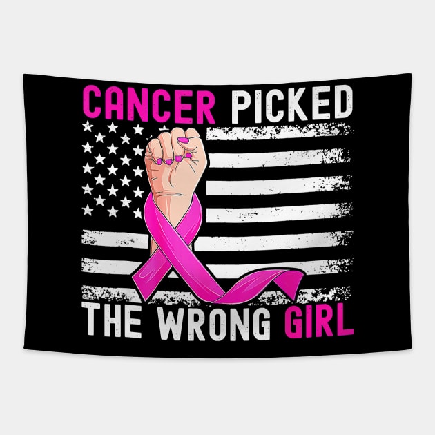 US Flag Cancer Picked The Wrong Girl Breast Cancer Awareness Tapestry by everetto