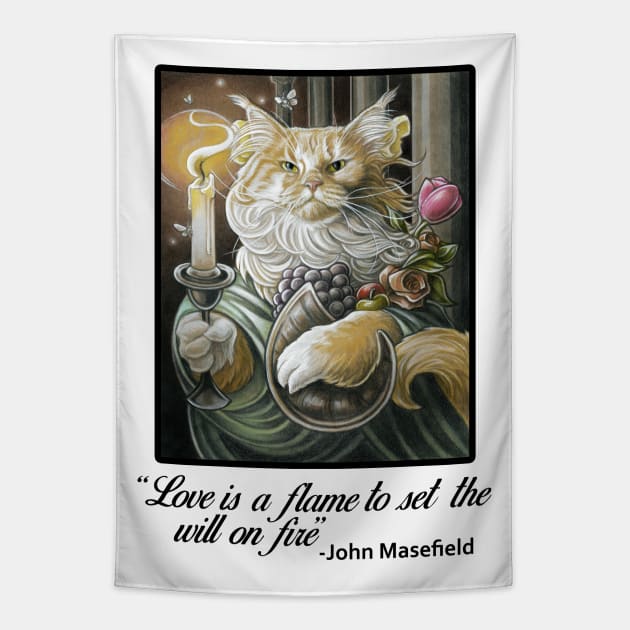 Candle Light Cat - Love is a Flame Quote - Black Outlined Version Tapestry by Nat Ewert Art