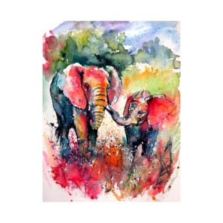 Colorful elephant with baby on the field T-Shirt