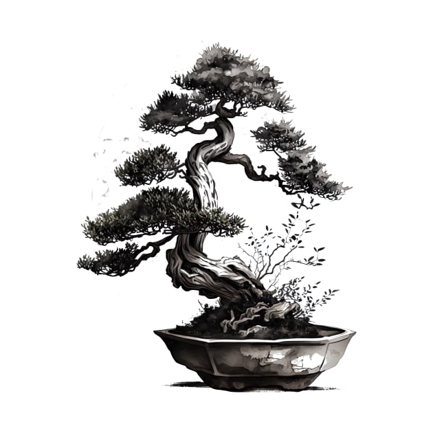 The Essence of Tranquility A Sumi-e Bonsai Painting by geekmethat