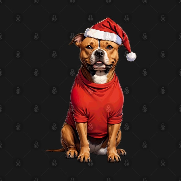 Funny Staffordshire Bull Terrier Wearing Santa Father Christmas Hat by Maljonic