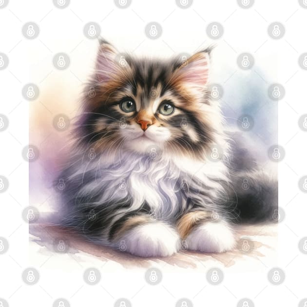 Domestic Long Hair Watercolor Kitten - Cute Kitties by Aquarelle Impressions