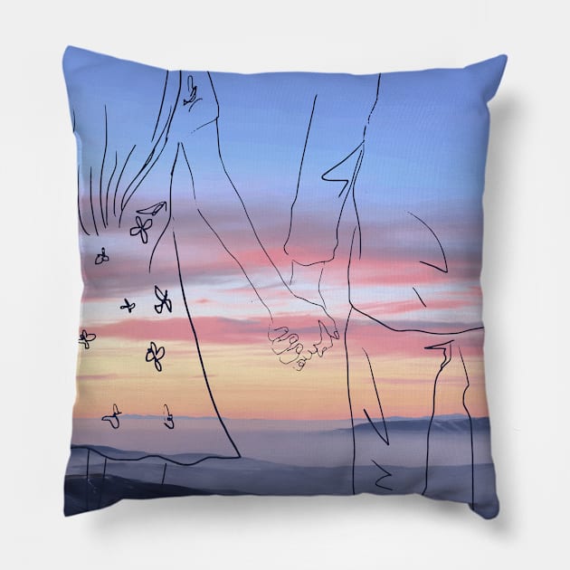 Minimalist romantic couple holding hands, pastel sunset rocky mountains covered cloud art print Pillow by Modern Art