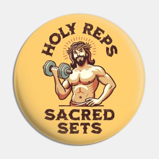 Jacked Jesus: Holy Reps & Sacred Sets. Funny Christian Religious Workout Fitness Weightlifting Humor Pin