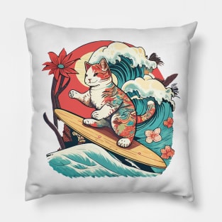 Japanese Surf Cat Pillow