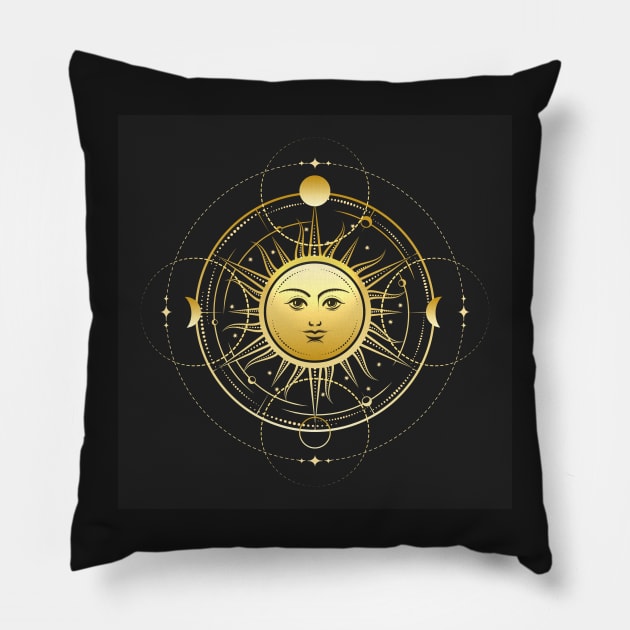 Esoteric Symbol of Sun with Phases of Moon and Stars Pillow by devaleta