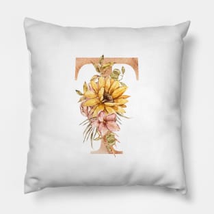 Watercolor fall sunflower bouquet monogram letter T Pillow