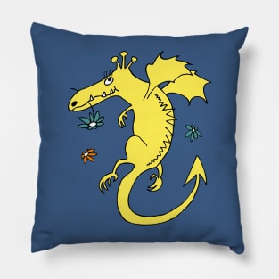 cute happy dragon in yellow with flowers Pillow