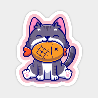 Cute Cat With Fish Cartoon Magnet