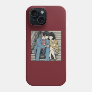 Brunet couple sitting on the bench and holding hands Phone Case