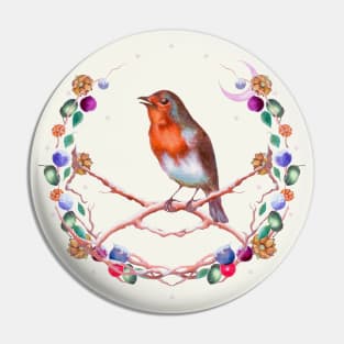 Robin Song and Berry Wreath Pin