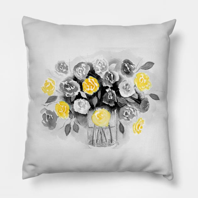 Loose Roses Still Life in Selective Color Yellow Pillow by ConniSchaf