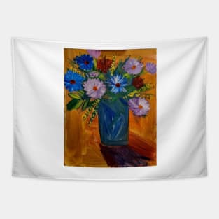 Mixed flowers in blue and silver vase on a colorful tiles background Tapestry