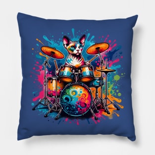 Devon Rex Cat Playing Drums Pillow