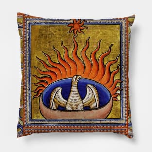 MEDIEVAL BESTIARY,PHOENIX IN RED FLAMES,TREE OF LIFE ,BIRDS,DRAGONS FANTASTIC ANIMALS IN GOLD RED BLUE COLORS Pillow