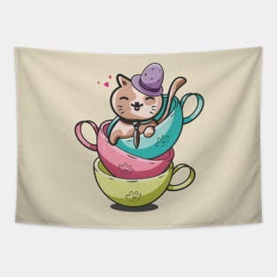 Cut Cat Tea Time Tapestry