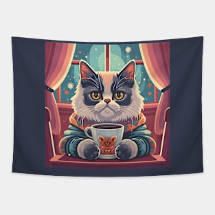 Cute cat having coffee in sweater Tapestry