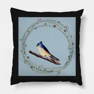 Little bird with wreath and egg blue background Pillow