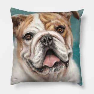 Painting of a White and Brown Bulldog With Its Tongue Out on Blue Background Pillow