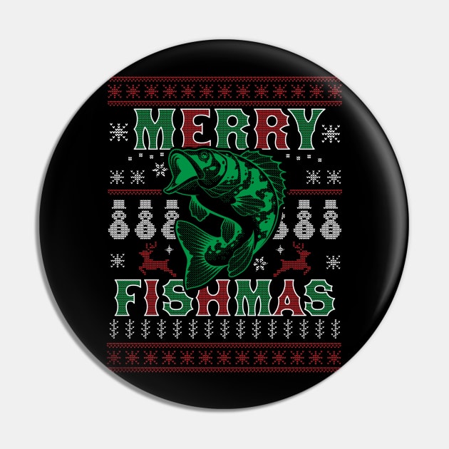 Merry Fishmas Funny Xmas Fishing - Ugly Christmas Sweater Pin by OrangeMonkeyArt