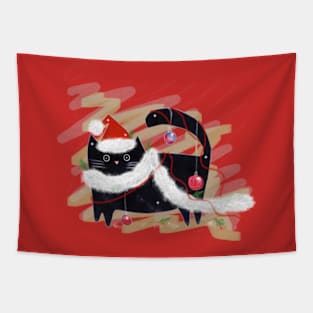 Black cat with lights garland and Christmas decoration Tapestry