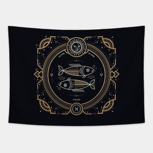 Pisces Zodiac Gold White with Black Background Tapestry