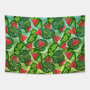 Watermelon And Tropical Leaves Pattern Tapestry