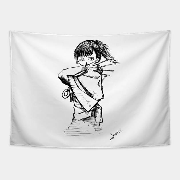 kawaii ninja assasin ecopop in ink skech art kunais Tapestry by jorge_lebeau