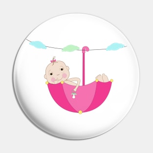 Baby girl greeting card with a hand holding baby pacifier umbrella Pin