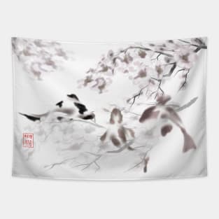 Koi carp with watercolour sakura sumi-e in shades of gray Tapestry