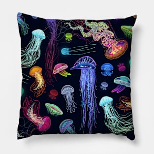 Glowing colorful variety jellyfish illustration Pillow