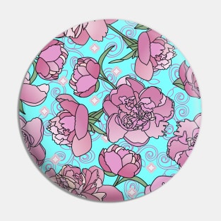 Peonies with Swirls and Diamonds on Sky Blue Pin